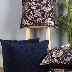 CAZIMO Blue & Gold-Toned 5 Pieces Floral Textured Jacquard Square Cushion Covers-3