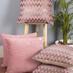 CAZIMO Pink & Gold-Toned 5 Pieces Geometric Chevron Jacquard Square Cushion Covers-image-24