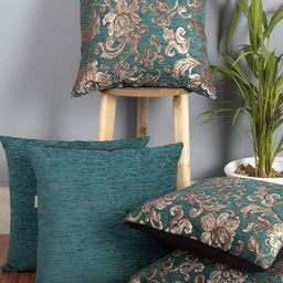 CAZIMO Teal & Gold-Toned 5 Pieces Floral Textured Jacquard Square Cushion Covers-image-71