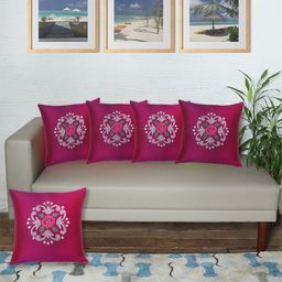 ZEBA Magenta & White 5 Pieces Square Cushion Covers-1