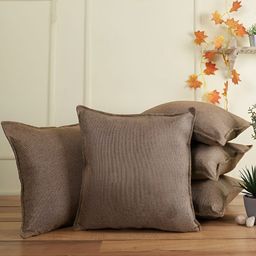 THE CONVERSION Brown 5 Pieces Jute Cotton Square Cushion Covers-81