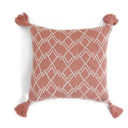 Pluchi Coral & White Geometric Square Pure Cotton Knitted Cushion Cover with Tassels-18