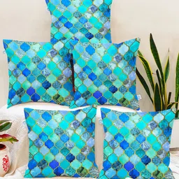 STITCHNEST Blue & Green Set of 5 Geometric Square Cushion Covers-15
