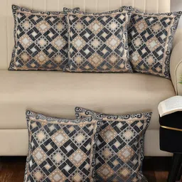 MULTITEX Grey & Beige 5 Pieces Geometric Cotton Square Cushion Covers-18