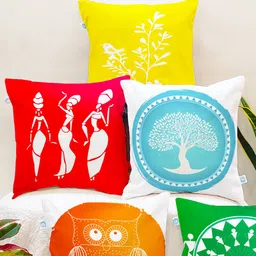 STITCHNEST Yellow & White Set of 5 Printed Square Cushion Covers-15
