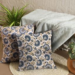 Aura Blue & White 2 Pieces Floral Square Cushion Covers-image-19