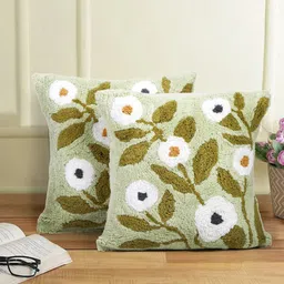 eyda Green & White 2-Pieces Floral Pure Cotton Square Cushion Covers-18