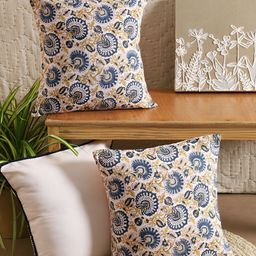 Aura Blue & White 3 Pieces Floral Square Cushion Covers-image-4