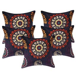 INDHOME LIFE Blue & Orange Set of 5 Floral Square Cushion Covers-9