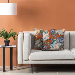 Contrast Living Orange & Grey 2 Pieces Floral Velvet Square Cushion Covers-55