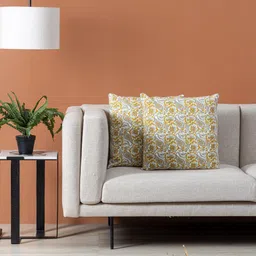 Contrast Living 2 Pieces Mustard Yellow & Off White Floral Cotton Square Cushion Covers-19