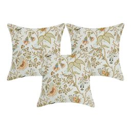 INDHOME LIFE White & Green Set of 3 Floral Square Pure Cotton Cushion Covers-8