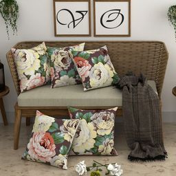 CHHAVI INDIA Beige & Green 5 Pieces Floral Printed Square Cushion Covers-image-46