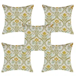 INDHOME LIFE White & Green Set of 5 Floral Square Cushion Covers-29