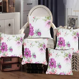 Tesmare White & Lavender 5 Pieces Floral Printed Square Cushion Covers-image-44