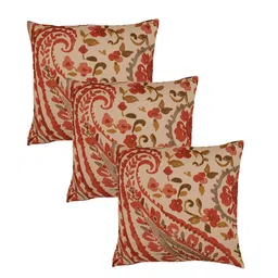 ZEBA Beige & Red 3 Pieces Floral Printed Square Cotton Cushion Covers-11
