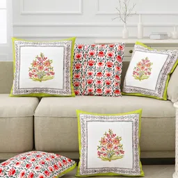 BLOCKS OF INDIA Green & White 5Pieces Ethnic Motifs Cotton Square Cushion Covers-image-19