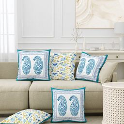 BLOCKS OF INDIA Blue & Yellow Set of 5 Ethnic Motifs Square Cushion Covers-13