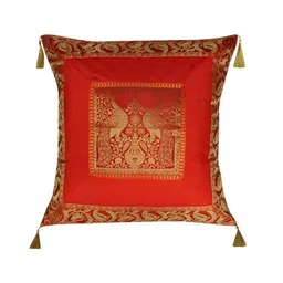 Lal Haveli Red & Gold Toned Ethnic Motifs Silk Square Cushion Cover-image-7