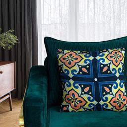 Tasseled Home Moroccan Blue & Green Ethnic Printed Velvet Square Cushion Cover-image-42