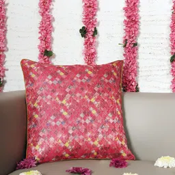 ZEBA Red & Yellow Brocade Silk Square Cushion Cover-image-6