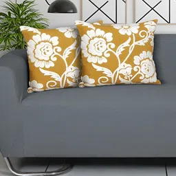Ode & Cleo Mustard & White 2 Pieces Floral Embroidered Square Cushion Covers-39
