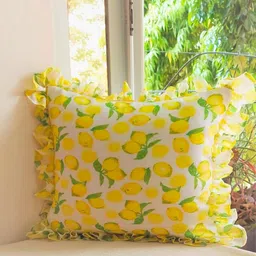 THROWPILLOW White & Yellow Quirky Printed Ruffled Cotton Square Cushion Cover-image-23