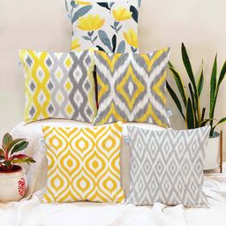 STITCHNEST Yellow & Grey Set of 5 Abstract Square Cushion Covers-14