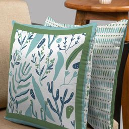 HOUZZCODE Sea Green & White Set of 2 Floral Square Cushion Covers-35