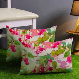 STITCHNEST Green & Pink Set of 2 Floral Rectangle Cushion Covers-44