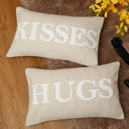 eyda Valentine Beige & White 2 Pieces Embroidered Cotton Rectangle Cushion Covers-32