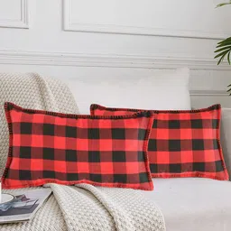 Lushomes Red & Black 2 Pieces Checked Cotton Rectangle Cushion Covers-12