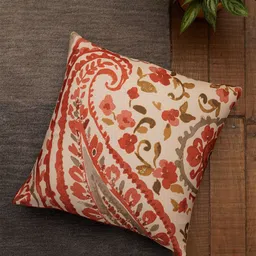ZEBA Beige & Red Floral Square Cushion Cover-image-88