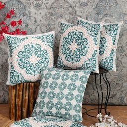 Alina decor Green & White 5 Pieces Ethnic Motifs Square Cushion Covers-image-39