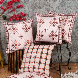Alina decor Beige & Red 5 Pieces Ethnic Motifs Square Cushion Covers-image-51