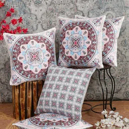 Alina decor Peach-Coloured & Blue 5 Pieces Ethnic Motifs Square Cushion Covers-picture-22