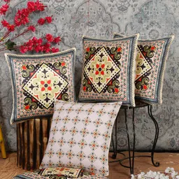 Alina decor Green & Cream 5 Pieces Ethnic Motifs Square Cushion Covers-image-17
