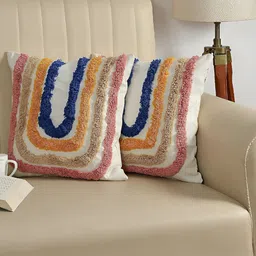 Furnistitchs Cream & Orange 2 Pcs Embroidered Square Cotton Cushion Covers-image-36