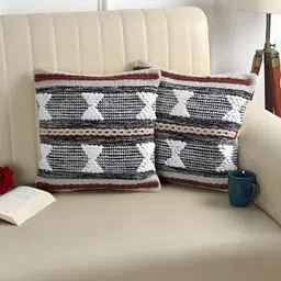 Furnistitchs Cream & Black 2 Pcs Square Cotton Cushion Covers-2