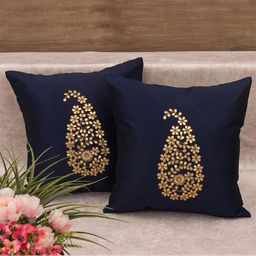 RoyalDeco Navy Blue and Gold Toned 2 Pieces Cushion Covers-image-47
