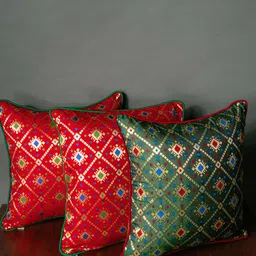 RoyalDeco Assorted Red & Green 3 Pieces Ethnic motifs Brocade Square Cushion Covers-image-37