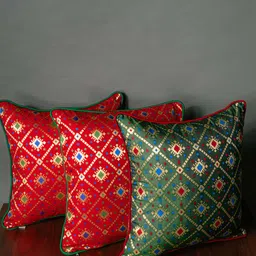 RoyalDeco Red & Green 3 Pieces Ethnic Motifs Brocade Square Cushion Covers-image-93