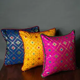 RoyalDeco Assorted Blue & Pink 3 Pieces Ethnic motifs Brocade Square Cushion Covers-image-85