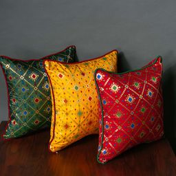 RoyalDeco Green & Red 3 Pieces Bandhani Brocade Square Cushion Covers-image-14