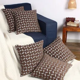 Aura Brown & Grey 5 Pcs Geometric Printed Velvet Square Cushion Covers-79