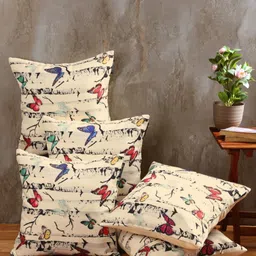 Aura Cream & Red 5 Pieces Abstract Jute Cotton Square Cushion Covers-14