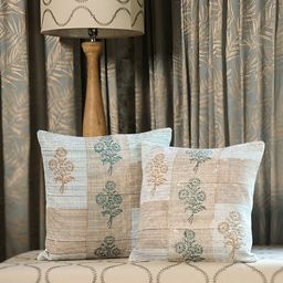 Aura Green & White 2 Pieces Floral Cotton Square Cushion Covers-image-90