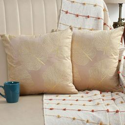 AEROHAVEN Cream Coloured & Gold Toned 2 Pcs Floral Velvet Square Cushion Covers-image-10