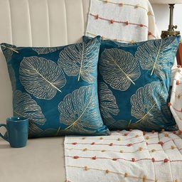 AEROHAVEN Green & Gold-Toned 2 Pieces Floral Printed Velvet Square Cushion Covers-44
