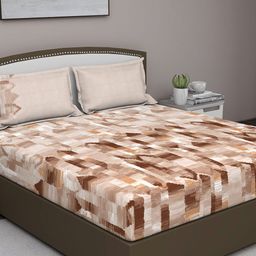 GM Brown & Off White Geometric 180 TC King Bedsheet with 2 Pillow Covers-image-62